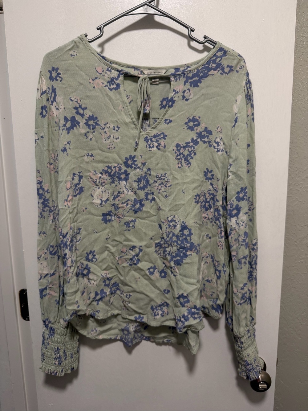 Lucky Brand Sage Green Floral Tie-Neck Long Sleeve Blouse